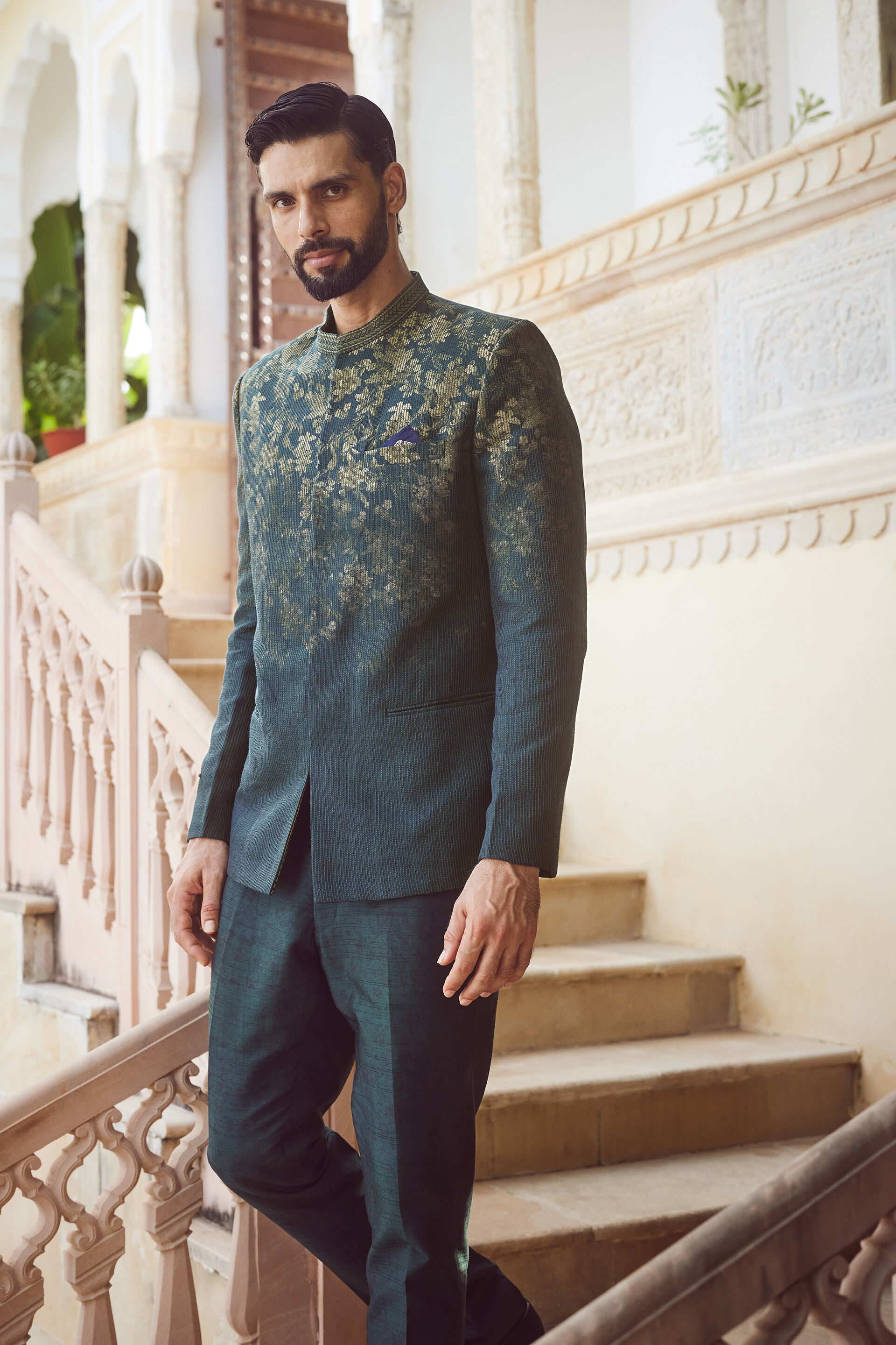 Zahir Silk Bandhgala - Green, Green, image 3